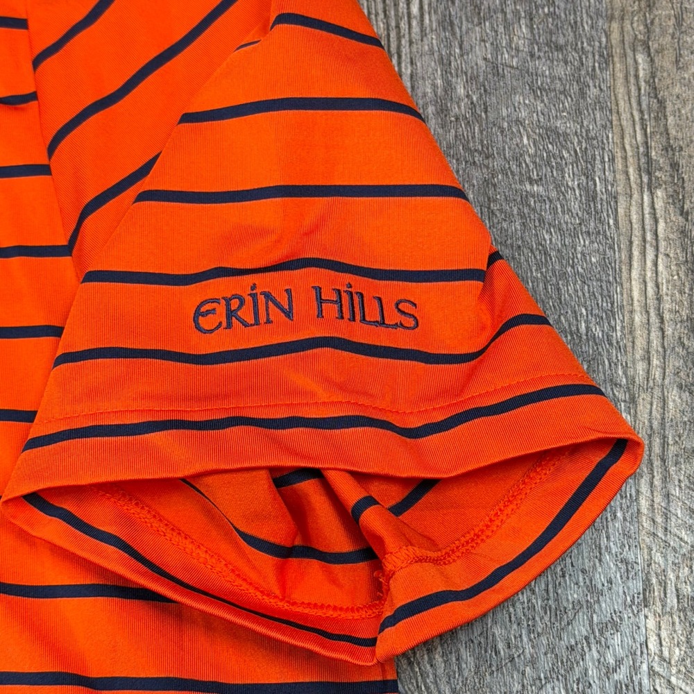 RLX Ralph Lauren Mens L Performance Polo Shirt Orange Navy Striped Erin Hills WI - Picture 4 of 9